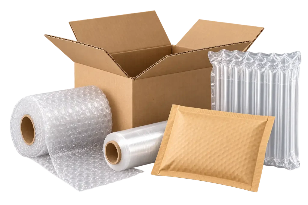 Corrugated carton with bubble wrap, air column bag, stretch film and mailer