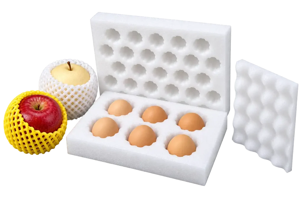 EPE egg trays and fruit protected by foam net sleeves