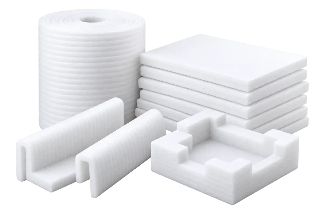 White EPE foam roll, sheets, edge protectors and shaped insert